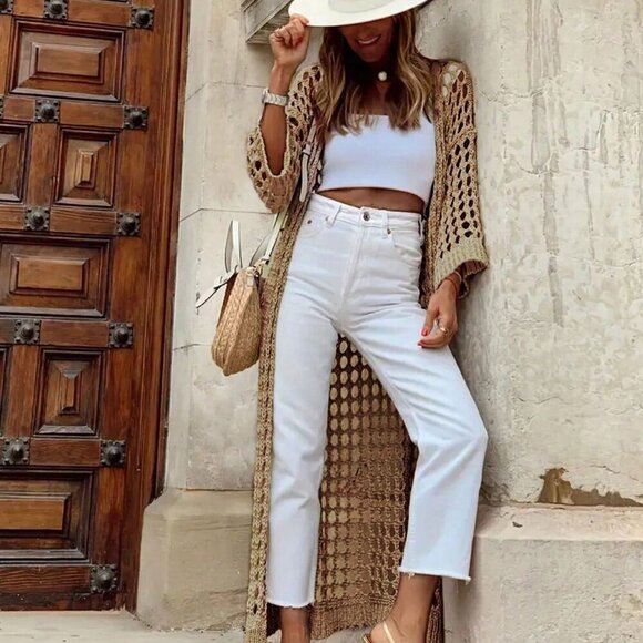 Brown Casual Women's Solid Color Holiday Matching Hollow Out Long Cardigan - Picture 3 of 4